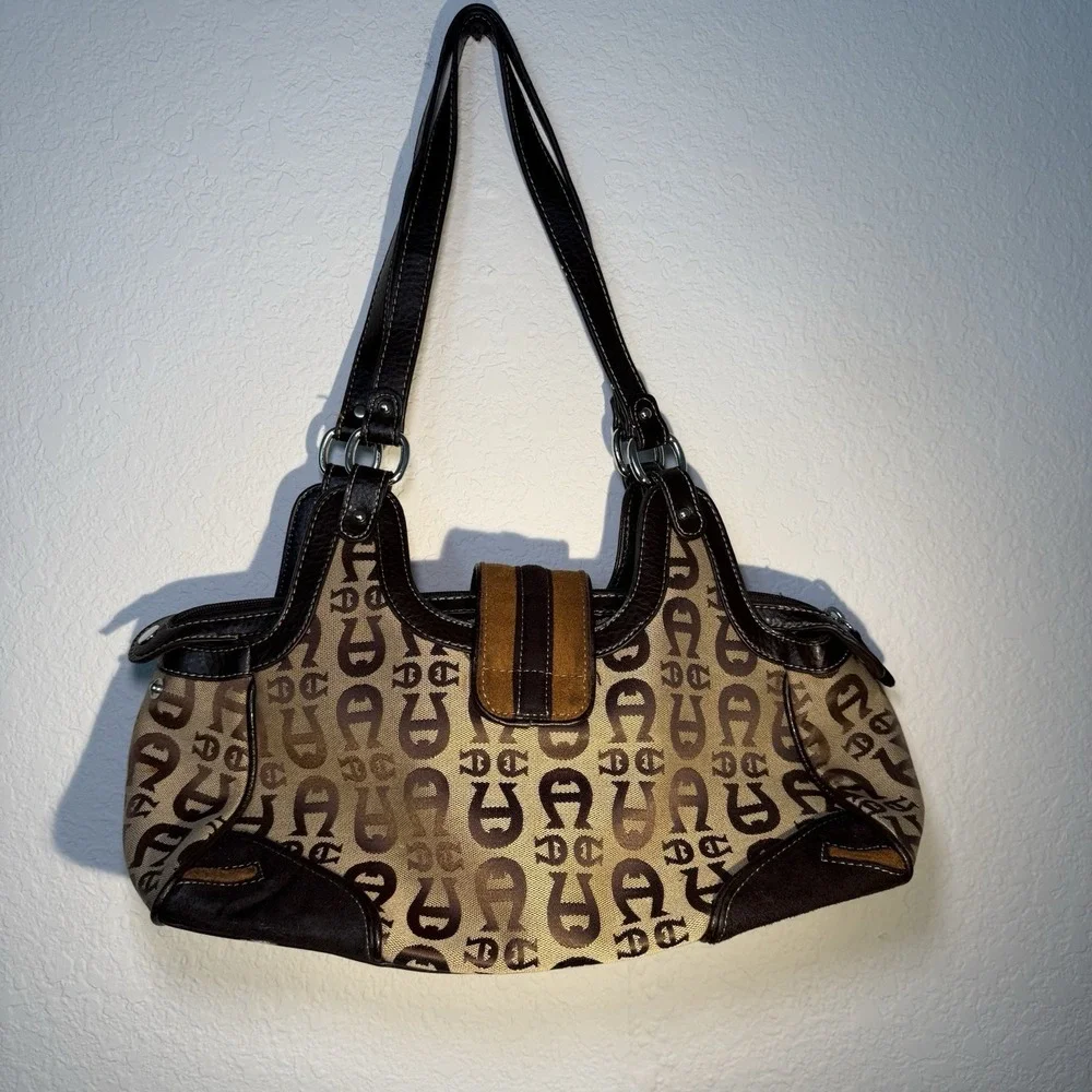 Etienne Aigner VTG‎ Brown Canvas Leather Signature Logo Satchel Handbag Purse